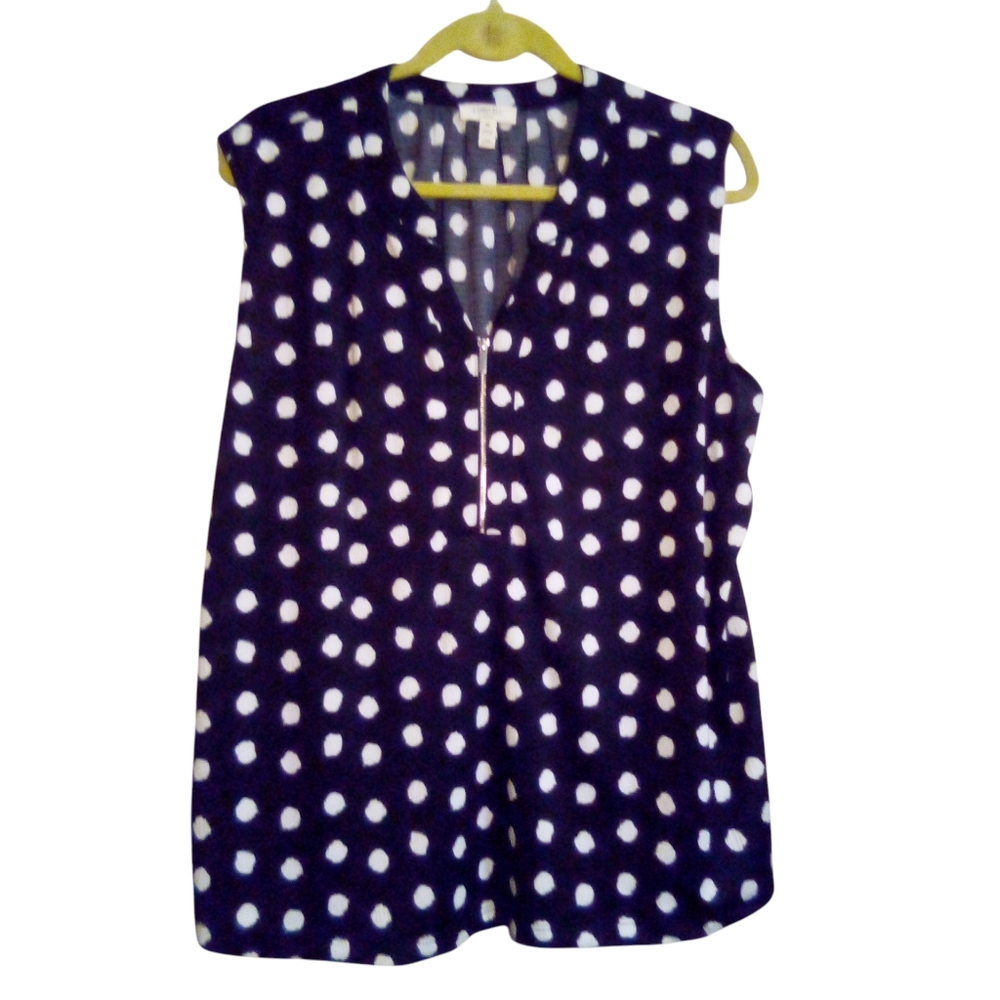 Como Blu 2X Top Polkadot V-Neck 1/2 Zip Sleeveless Stretch Pullover  Black White